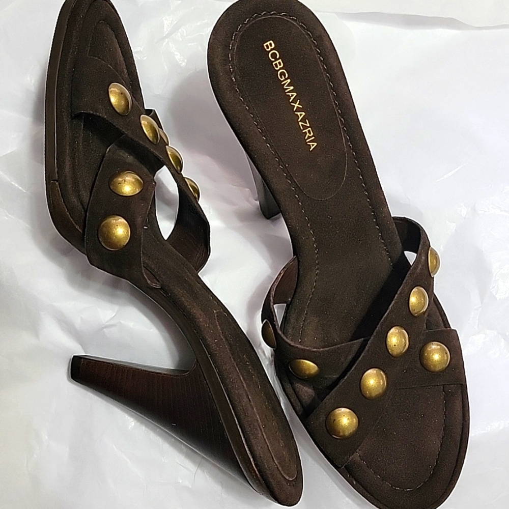 BCBGMAXAZRIA Studded Suede Sandals Clogs Heels Embellished